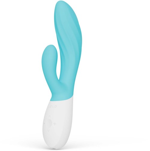 Blå silikonvibrator med böjd design och kontrollknappar vid basen.