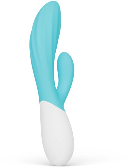 En blå och vit böjd silikonvibrator med en mindre fingerliknande förlängning.
