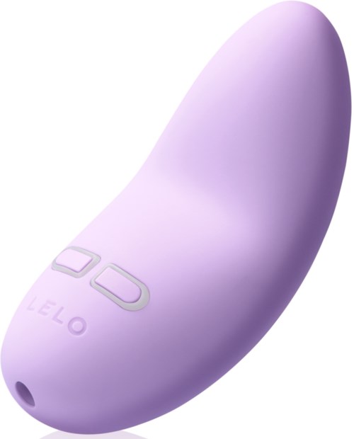 A lavender-colored device with two buttons and a small hole, shaped like a rounded, elongated capsule.
