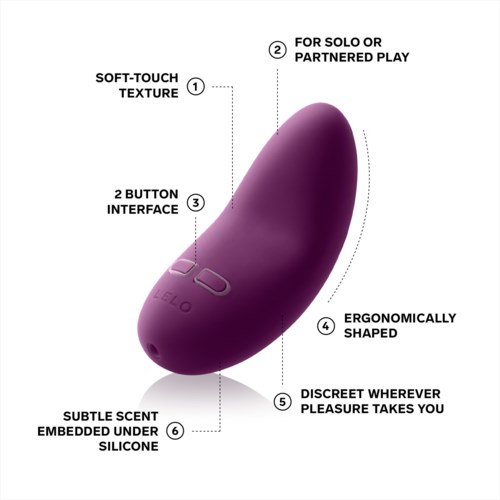 En liten, lila, ergonomiskt formad enhet med mjuk beröringskänsla, två knappar, subtil doft och diskret design för nöje.