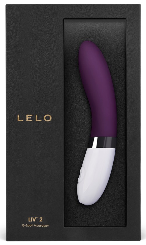 A purple and white vibrator inside a black box with gold letters reading "LELO".