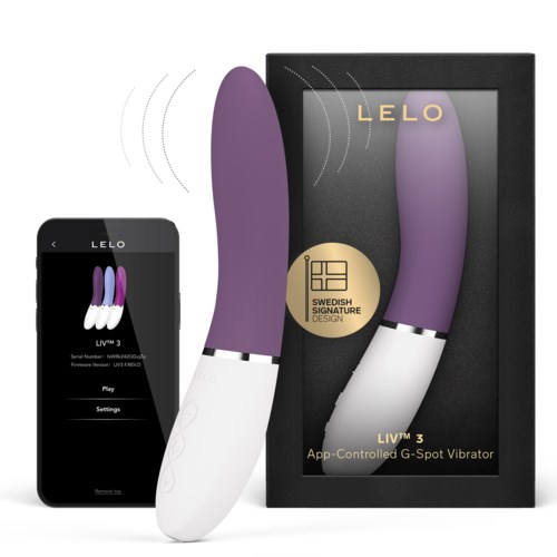Een paarse en witte vibrator naast de verpakking en een smartphone-app, met nadruk op afstandsbediening functies.