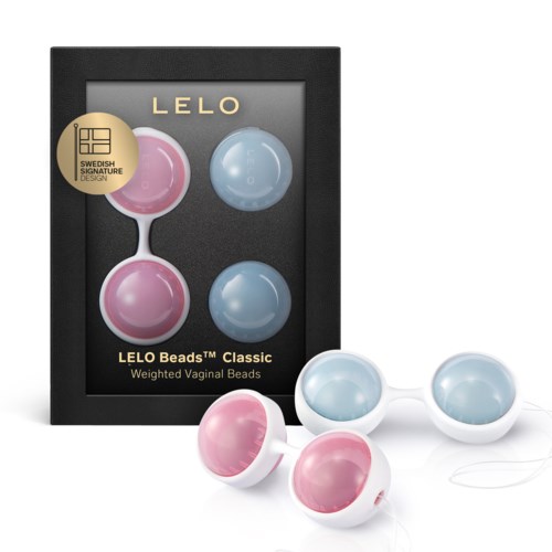 Fargede vektede vaginalkuler i rosa og blå, i en svart eske merket 'LELO Beads'.