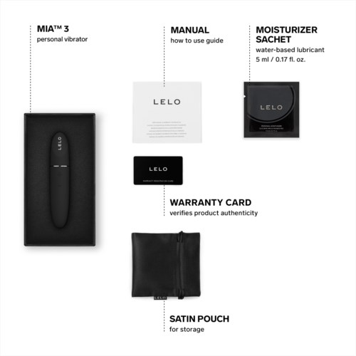 A black personal vibrator with accessories, manual, water-based lubricant sachet, warranty card, and satin storage pouch.