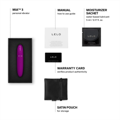 Lelo MIА™ 3 vibrator med manual, glidmedelssäck, garanti kort och förvaringspåse, allt visas med en lila vibrator.