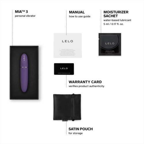 The image shows a purple personal vibrator, manual guide, moisturizing sachet, warranty card, and a black satin pouch.