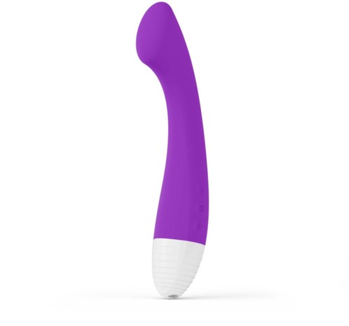 En lilla og hvit kurvet gjenstand, sannsynligvis en massasjer or vibrator, står oppreist med en rund tupp.