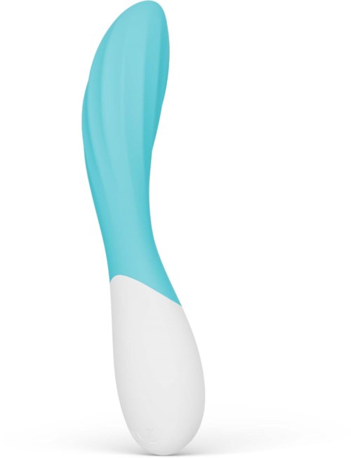 A smooth, curved electric facial cleansing brush with a white and light blue handle.