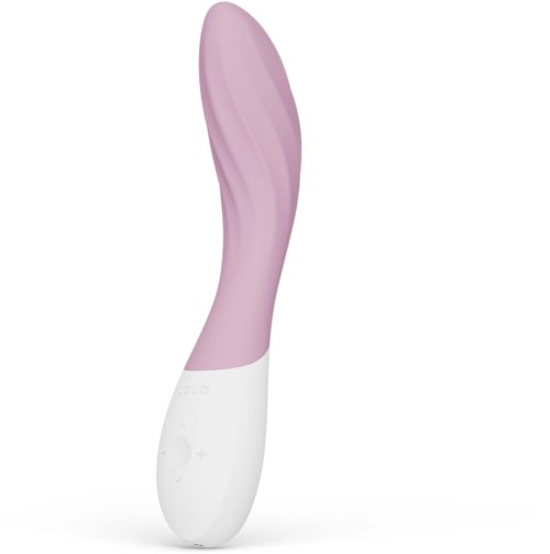 A lavender-colored curved personal massager with a white base and control buttons.