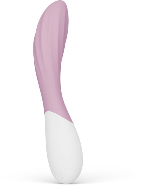 A pink and white curved beauty vibrator with a smooth surface.