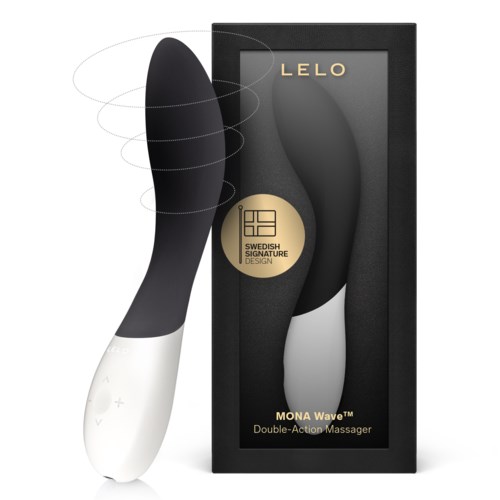 A black and white massage device stands next to a box, labeled 'LELO' and 'Mona Wave'.