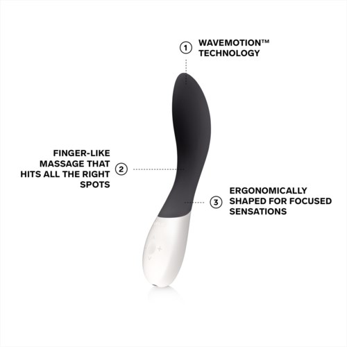 A sleek, black and white device with wave motion technology, designed for focused massage sensations.