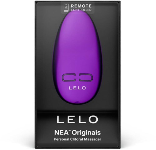 Dark purple, egg-shaped personal massager with remote control, branding 'LELO' and 'NEA Original' on the packaging.