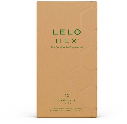 Beige Verpackung von Lelo Hex Kondomen mit grüner Schrift, 12 Bio-Latex-Kondome, erwähnen neu gestalteten Schutz.