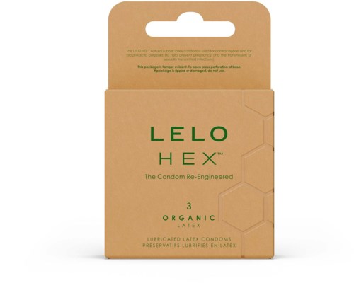 En brun æske med grøn tekst og sekskantede design, indeholder LELO HEX økologiske latekskondomer.