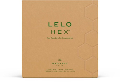 Esken er beige med grønn tekst, nevner LELO HEX, 36 økologiske latekskondomer og et bikonormønster.