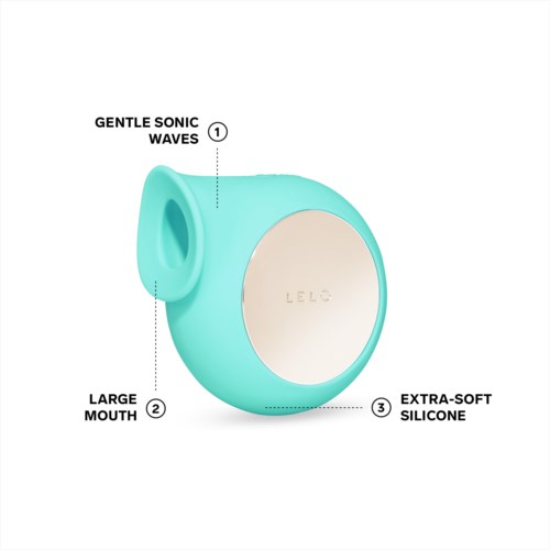 A soft, light blue, round device with gentle waves, a large mouth, and extra-soft silicone. It has labels for features.