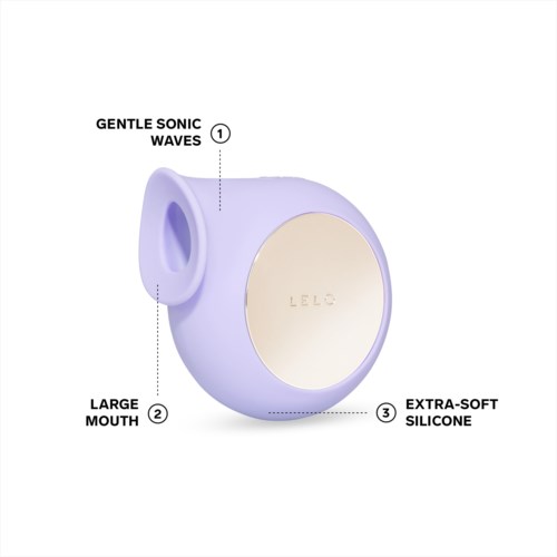 A round, purple device with a large mouth opening, soft silicone, gentle sound waves, and a shiny gold central part.
