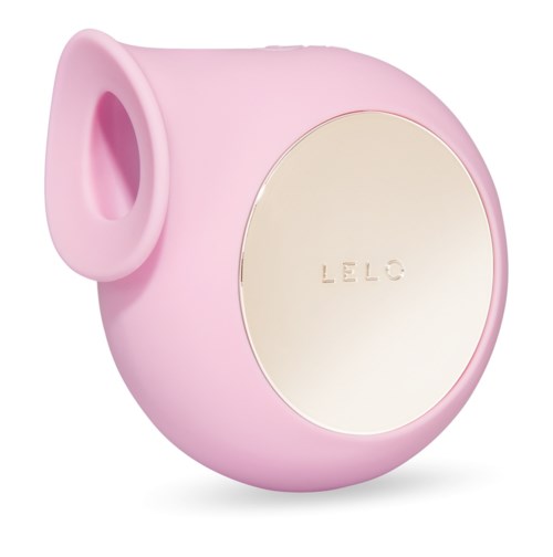 Runde, rosa Gerät mit Spiegel auf der Vorderseite und Loch oben, Markenname 'LELO'.