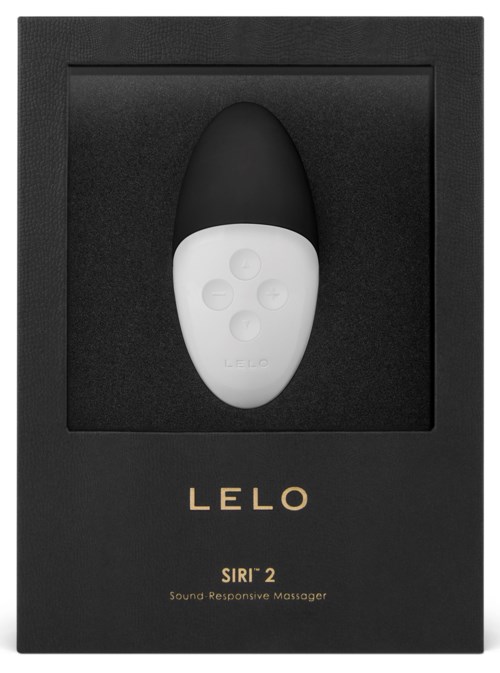 A black box contains a white, oval-shaped device with buttons, labeled LELO Siri 2, a sound-responsive massager.