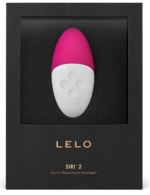 A black box with a pink and white oval device inside, labeled LELO, Siri 2, sound responsive massager.