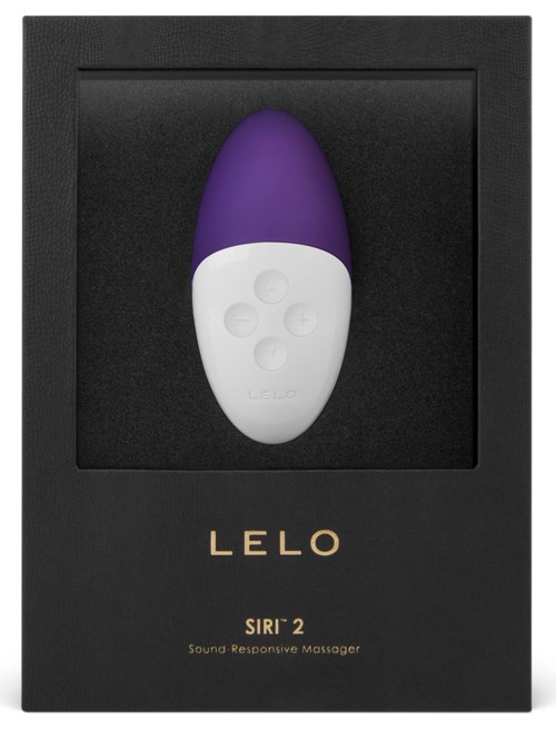 A black box containing a purple and white handheld massager called LELO Siri 2.