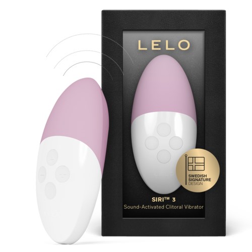 Violetti ja valkoinen soikea laite ja sen musta pakkauksensa, merkintä LELO, kullanvärisellä tarralla. Se on ääniohjattu vibrator.
