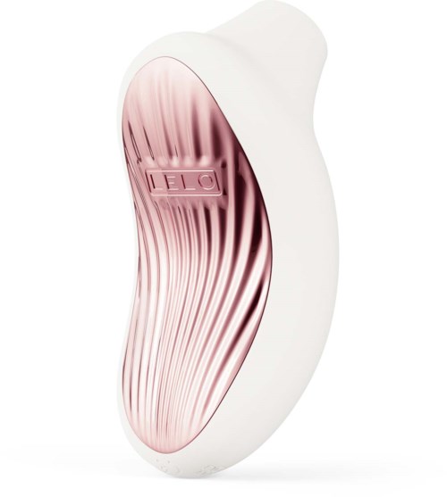 A white shoehorn with rose-colored interior, the brand name 'ELG' appears inside, designed to help put on shoes.