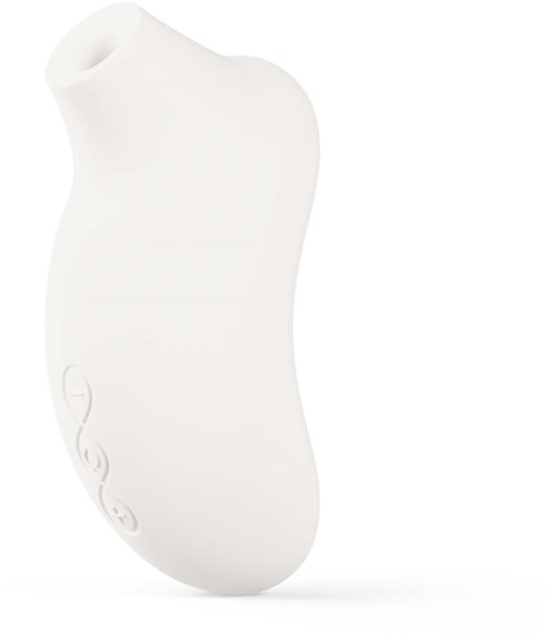 White device with curved shape, buttons, and a small hole at the top.