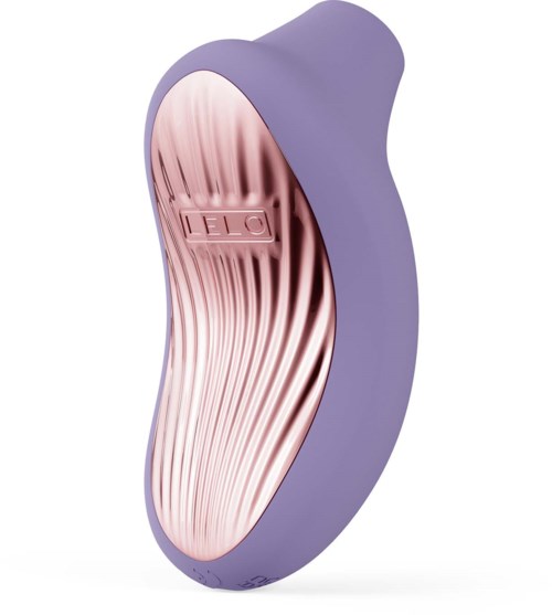 A purple and pink personal care device with a curved shape, ribbed interior, and the brand name 'Elos' on it.