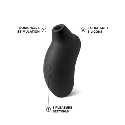 En svart enhet med tre merker: sonic wave stimulation, ekstra myk silikon og 8 gledeinnstillinger.