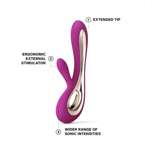 A purple toy with an extended tip, ergonomic shape, and wide range of sonic intensities for stimulation.