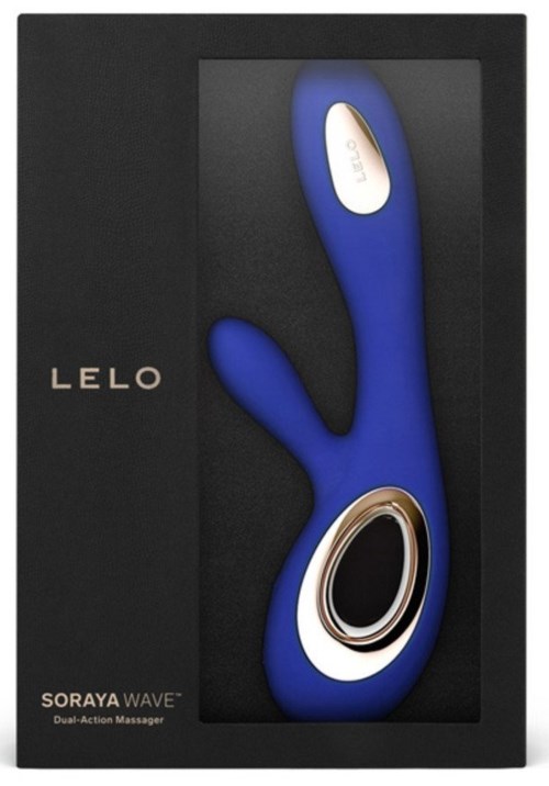 Ein blauer hasenförmiger Dual-Action-Massagegerät mit weißer Taste, auf schwarzem Hintergrund mit LELO-Logo.