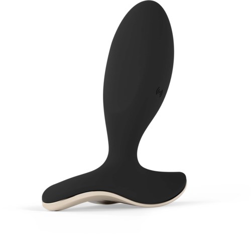 A black, curved device standing upright with a wider base and a smooth, sleek surface.
