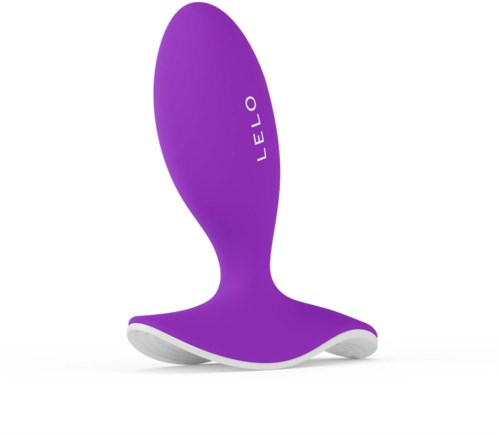 A purple curved device with a white base and the word 'LELO' written on it.