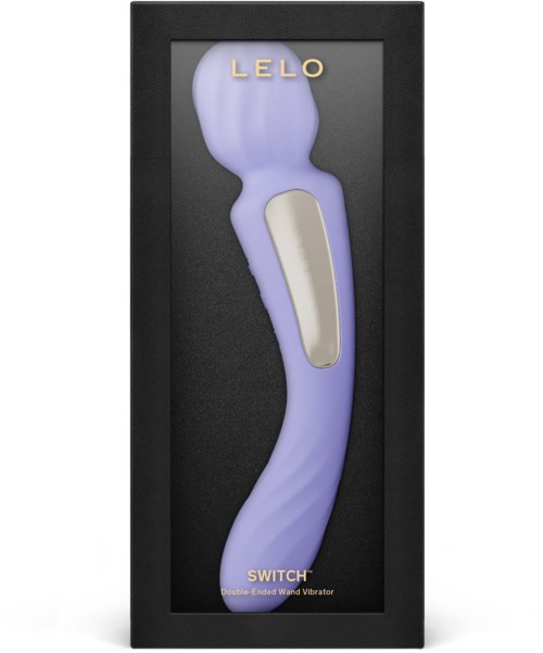 A purple vibrator in black box, labeled 'LELO' and 'Switch,' with a curved design and metallic accent.