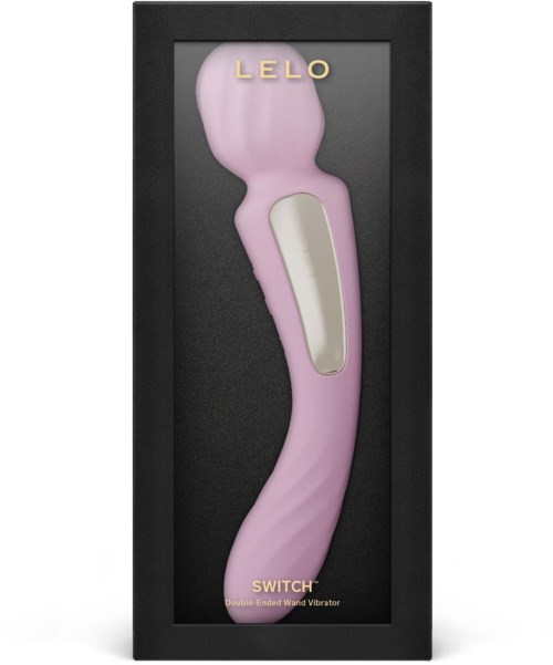 A purple vibrator with a white handle is in a black box, labeled 'LELO SWITCH' for dual-ended use.