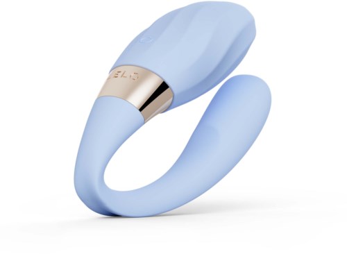 En blå silikon personlig massager med gull- og sølkring nær toppen.