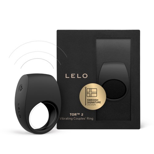 Musta värinäranne ja musta laatikko, jossa lukee 'LELO' ja 'TOR™ 2'.