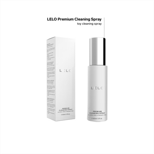 Valkoinen spraypullo hopeisella suuttimella, vierestä laatikko, jossa lukee 'LELO Premium Cleaning Spray'.