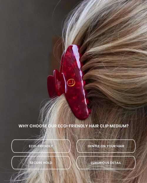 A red hair clip secures blonde hair, with text about eco-friendly, gentle, secure, and luxurious features.