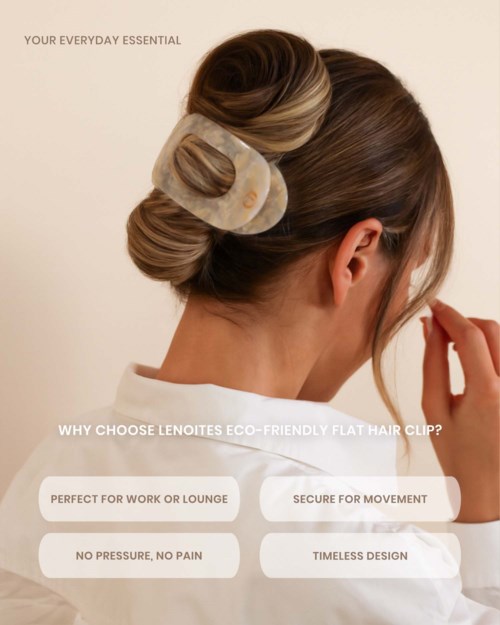 A woman with styled hair uses an eco-friendly flat hair clip, highlighting its benefits for comfort, style, and movement.