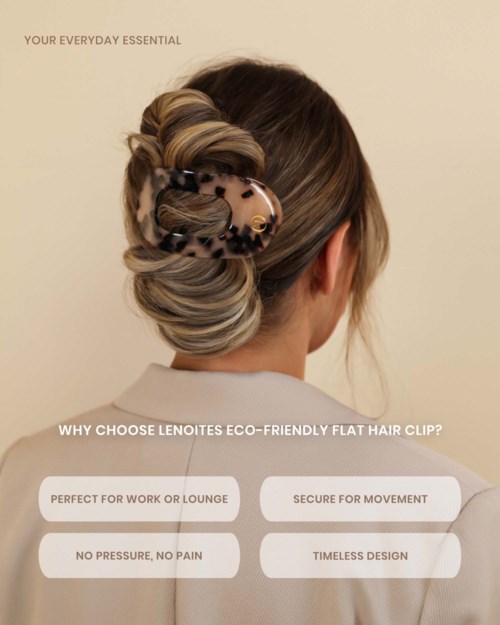 A woman with light brown hair styled in a large, decorative, eco-friendly flat hair clip. Text discusses benefits of the hair clip.