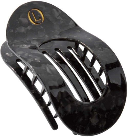 Black hair clip with a gold initial L and open slats design.