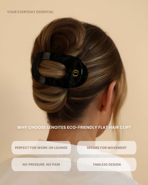 A woman shows off a black eco-friendly hair clip securing her hair, with benefits listed below.