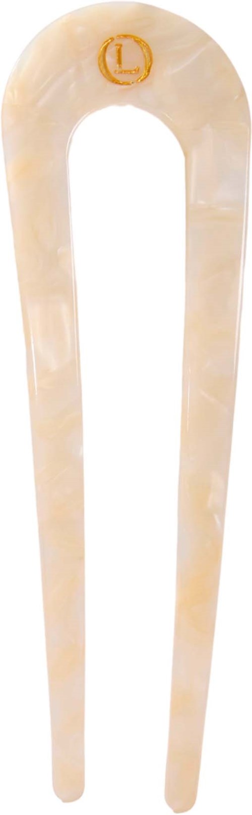En beige plastgaffel med en liten orange logga upptill.