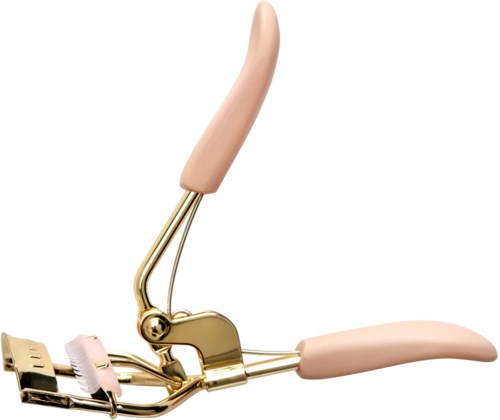 Eine rosa Wimpernzange mit goldenen Teilen und zwei rosa Klammern zum Kurbeln der Wimpern.
