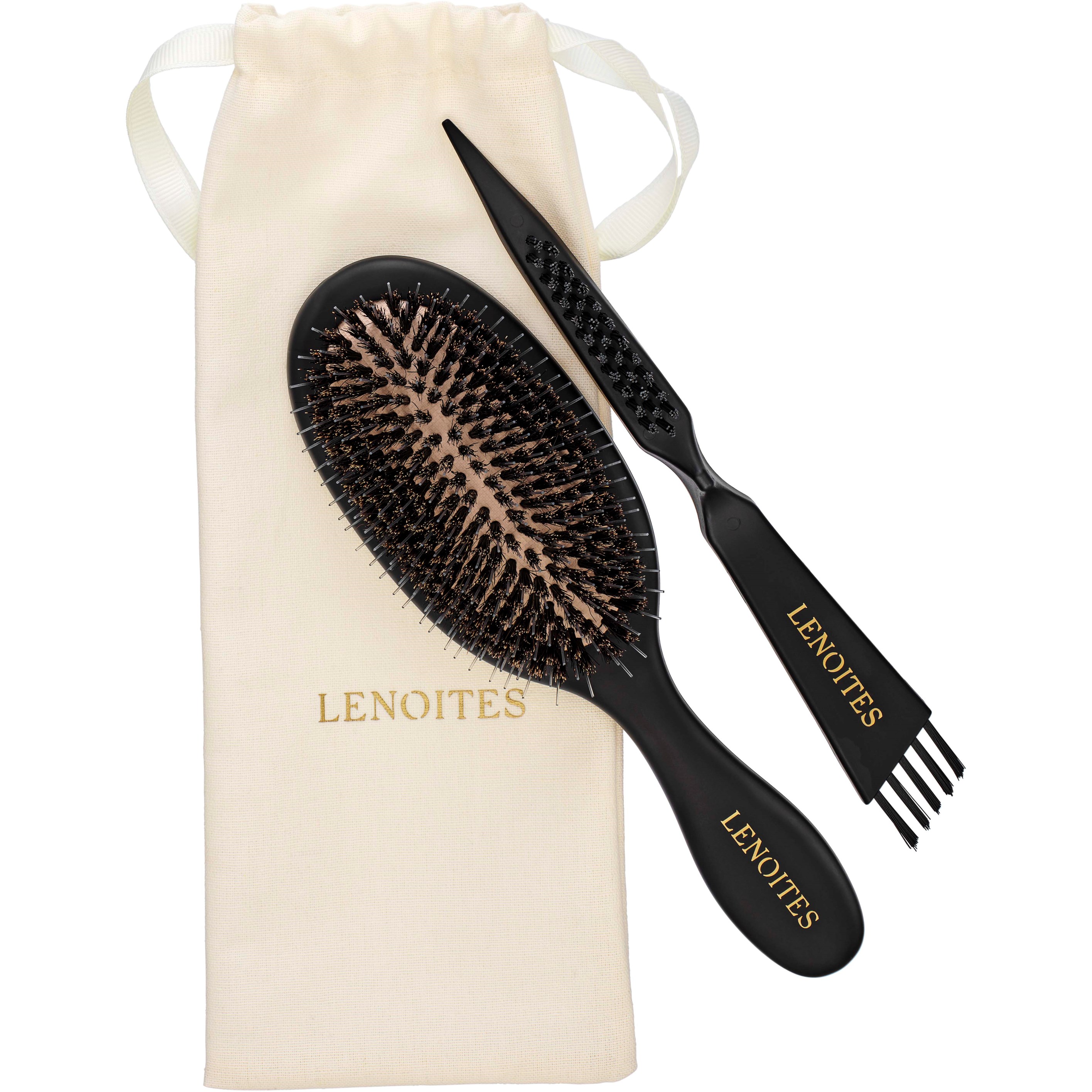 Läs mer om Lenoites Hair Brush Wild Boar with pouch and cleaner tool Black