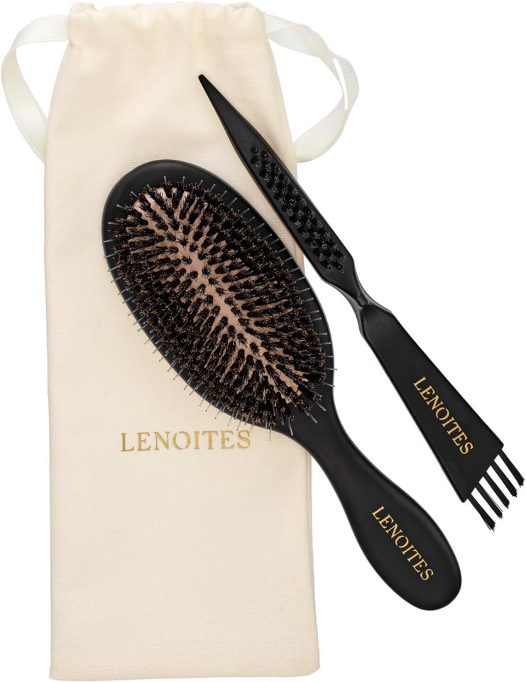 Lenoites Hair Brush Wild Boar with pouch and cleaner tool, B