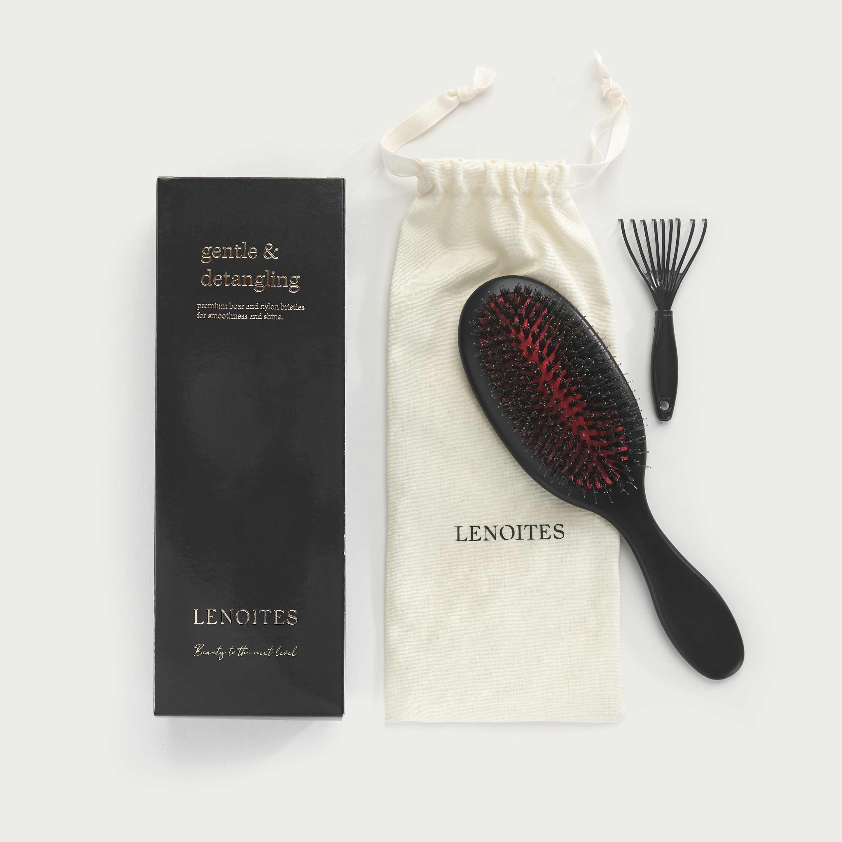 Hair Brush Wild Boar with pouch and cleaner tool, White – LENOITES